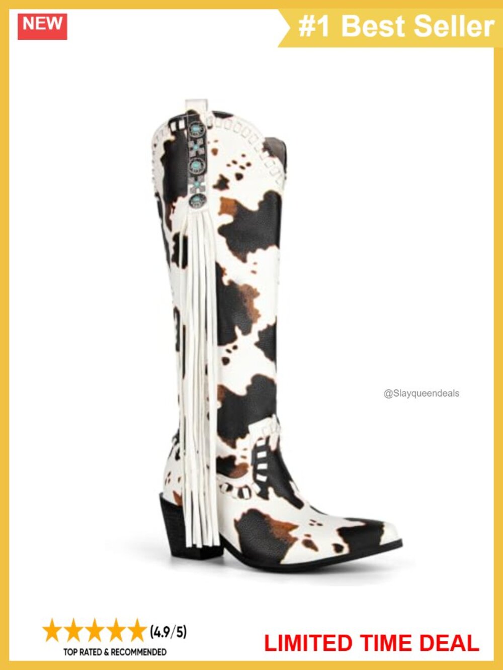 Knee High Fringe Cowboy Boots Suede Turquoise Stones Side Zip